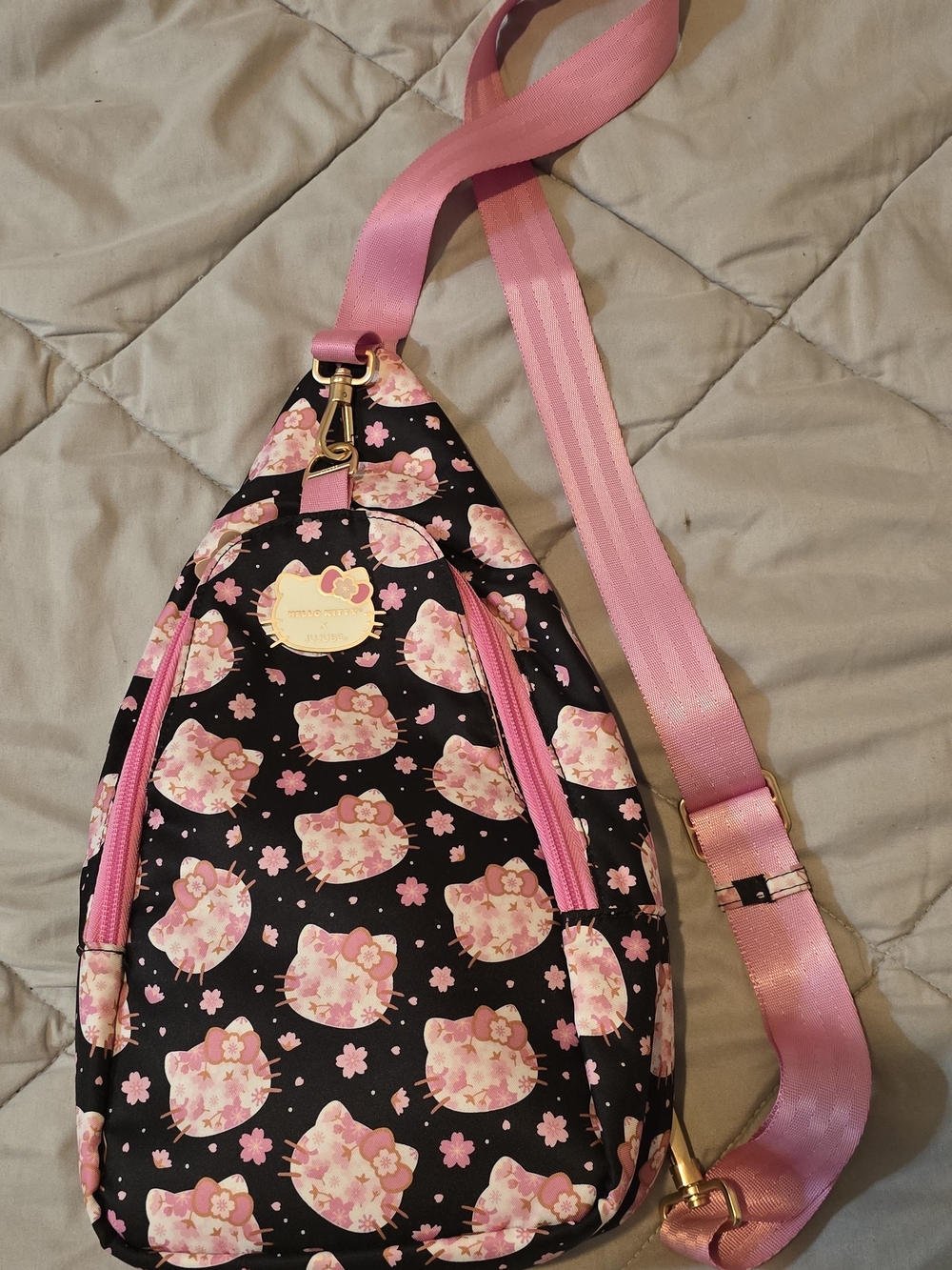 JuJuBe Cherry Blossoms Crossbody Sling Diaper Bag — Black and Pink Hello Kitty